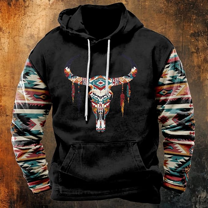 HOTYD Mens Western Aztec Sweatshirts Long Sleeve Fall Fashion Drawstring Pullover Vintage Graphic Cowboy Hoodie for Men