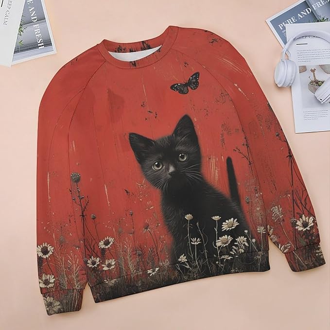 Long Sleeve Shirts for Women Cat Oil Painting Shirt 3D Graphic Sweatshirts Fall Pullover Crewneck Vintage Boho Tops