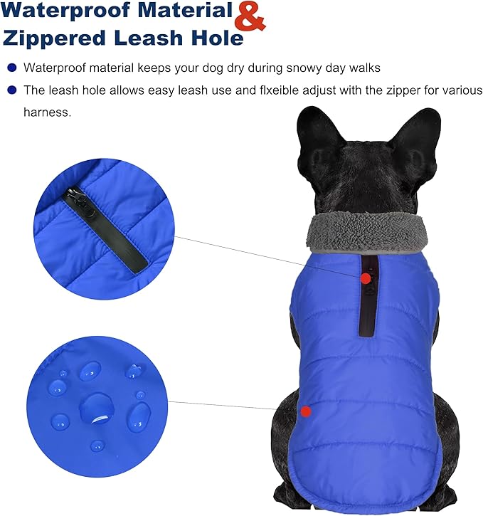 Dog Winter Coat, Waterproof Dog Jacket with Leash Hole, Reflective Adjustable Pet Snow Vest, Warm Fleece Sweater for Small Medium Large Dogs - Blue, 2XL