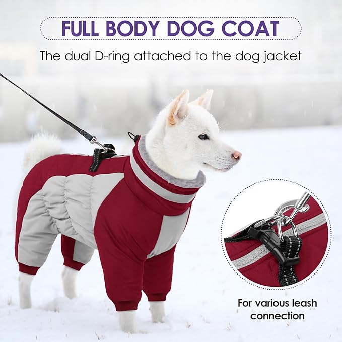 SUNFURA Full Body Dog Coat - Warm Fleece Jacket for Medium Dogs, Turtleneck Winter Coats with Harness, Reflective Dog Snowsuit Windproof Puffer Jackets with Legs for Boston Terrier, Burgundy M