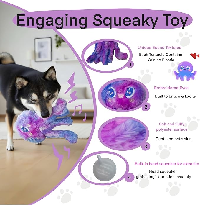 Clairooo Squeaky Dog Toys, Colorful Crinkle Octopus, Plush Dog Toys for Chewing, Interactive, Soft Fabric for Small, Medium & Large Dogs, Daily Companionship, Training Reward, (Purple)
