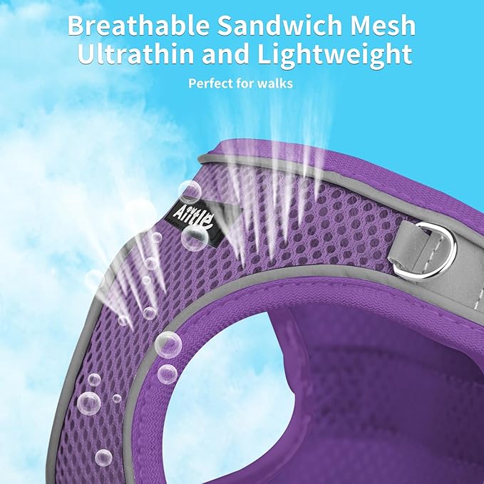 AIITLE Small Harness for Puppy with A Leash - Summer Dog Vest Harness with Super Breathable Mesh, Reflective No-Pull Pet Harness for Outdoor Walking, Camping for Small Dogs, Cats Pure Purple XXS