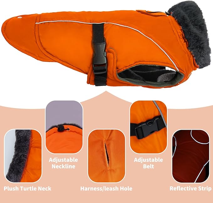 DENTRUN Dog Winter Coat - Windproof Reflective Jacket, Plush Turtleneck & Adjustable Belt, Water Repellent Fleece Lined Cold Weather Vest for Corgi Bulldog, Orange, L