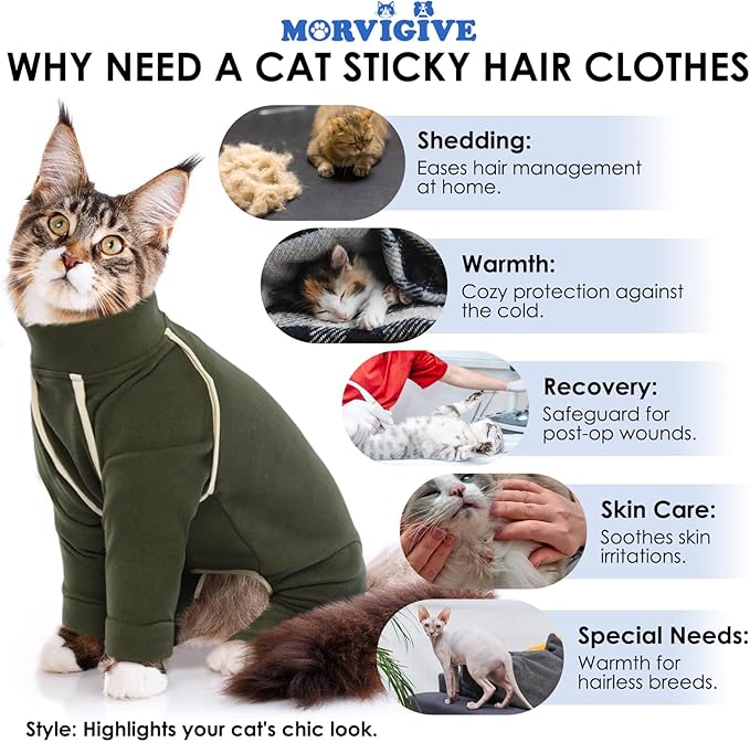 Hairless Cat Clothes - Army Green, M - Sticky Hair Onesie, Prevents Lost Hair, Soft Pajamas for Sphynx Cats, Shirt With Four Legs, Recovery Long Sleeve