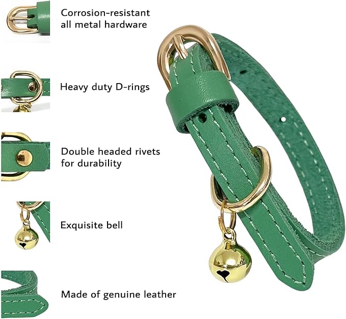Guiding Star Leather Collar for Puppy, Cute Soft Thin Dogs Collars for Small Medium Dogs, Cat Collar with Bell (Green, XXS, 6.2"-10")