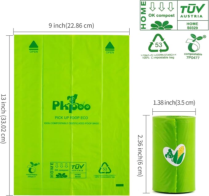Pkpoo 100% Compostable Dog Poop Bags, Extra Wide, Vegetable-Based Large Poop Bags for Dogs, Biodegradable Waste Bags for Poo, Cat Litter, Diaper Sacks, Unscented, 120 Counts
