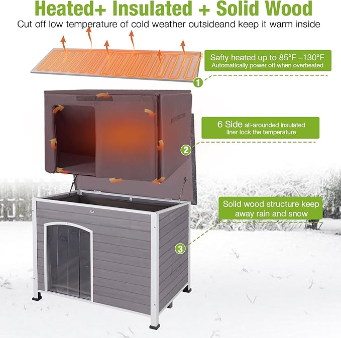 GUTINNEEN Heated Dog House Outdoor 43.3" L Insulated Dog Kennel with Metal Frame Large Dog Crate for Medium to Large Dogs Outside with Heater and Insulated Liner for Winter, Grey