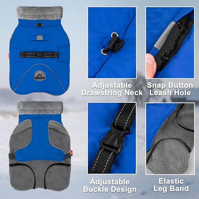 KYEESE Waterproof Dog Coat, Windproof Winter Jacket with Thick Fleece Lining, Extra Warm Turtleneck Dog Coats for Medium Dogs with Leash Hole and Reflective Design, Blue, X-Large