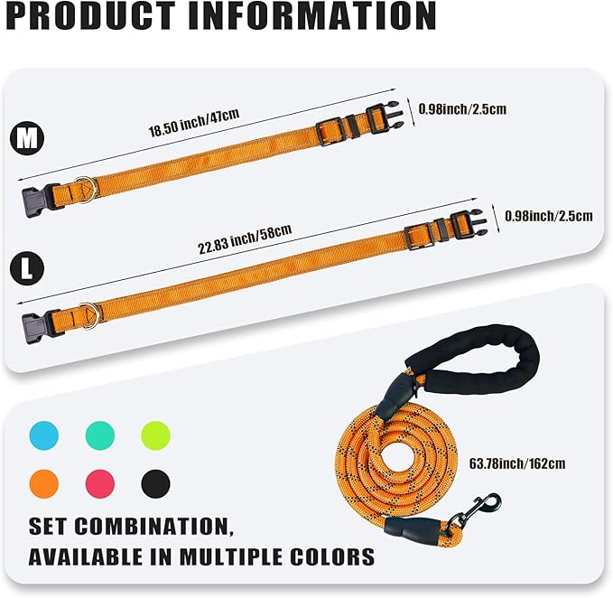 Nylon Dog Leash for Medium Large Dogs, 5-FTReflective Heavy Duty Leash with Comfortable Handle & Poop Bag Dispenser Ring, 1/2 Inch Wide, Secure Reinforcement for Walking (Orange, L)
