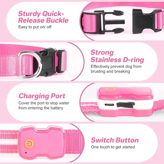 PcEoTllar Light Up Dog Collars, Led Dog Collar, Rechargeable, Night Walking, Waterproof, Glow in The Dark Dog Collars Light for Large Small Medium Dogs, Pink m