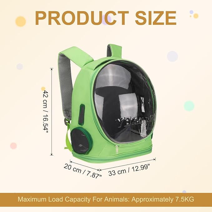 Pet Backpack Carrier, Portable and Ventilated, Oxford Cloth, Dog Cat Travel Bag with Transparent Cover 12.99", (Green, 1 Pcs), Intended for Hiking/Camping/Traveling