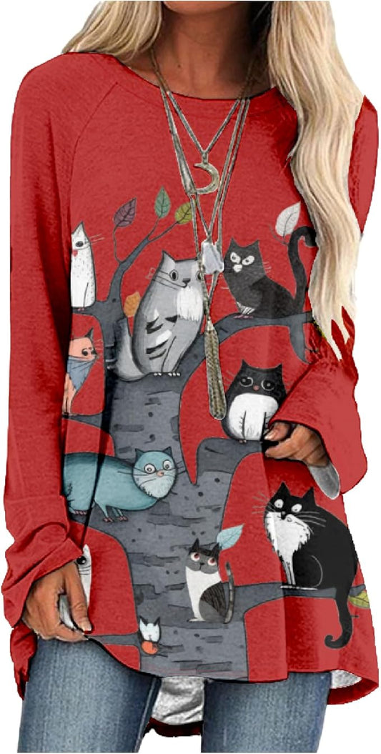 Womens Tunic Shirt Cute Cat Print Long Sleeve Round Neck Women T Shirts Cotton Casual Plus Size Vacation Tunics Tops