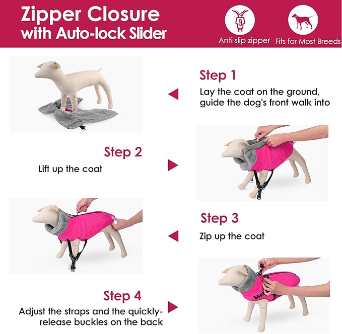 AOFITEE Dog Coat, Waterproof Dog Jacket with Harness Built in, Dogs Coats for Lage Dogs, Warm Fleece Zipped Pet Puffer Jacket, Outdoor Cold Weather Coats Pet Snowsuit for French Bulldog, Pink L