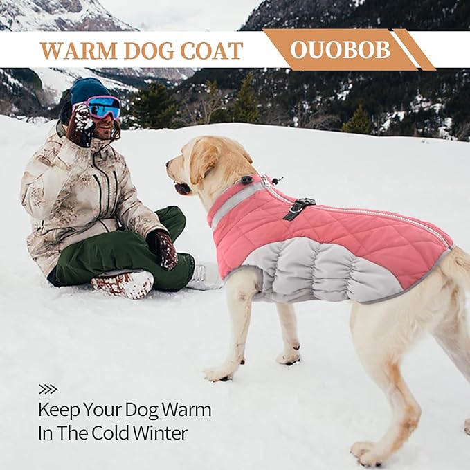 Dog Coats for Large Dogs,XL Dog Coat,Warm Fleece Winter Coat with D-Ring,Back Zipper Pet Jacket for Large Dogs,Waterproof Pet Snow Jacket Clothes Snowsuit Beagle Corgi Border Collie,Pink,XL