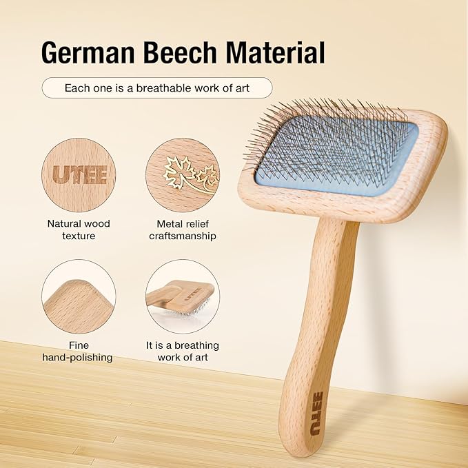UTEE Slicker Brush for Long-Haired Cats & Small Dog (Pomeranians, Bichons, Shih Tzus, Ragdoll & Persian Cats) Gentle Grooming Tool with Stainless Steel Curved Pins & Ergonomic Beech Wood Handle