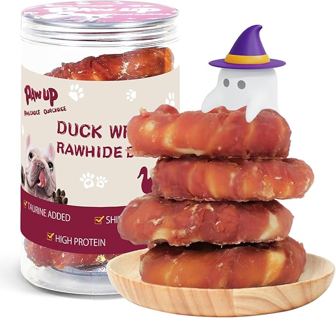 PAWUP Duck Dog Chews, Donut Rawhide Treat, Long Lasting Rawhide Ring, Natural w/Taurine, 12.5oz