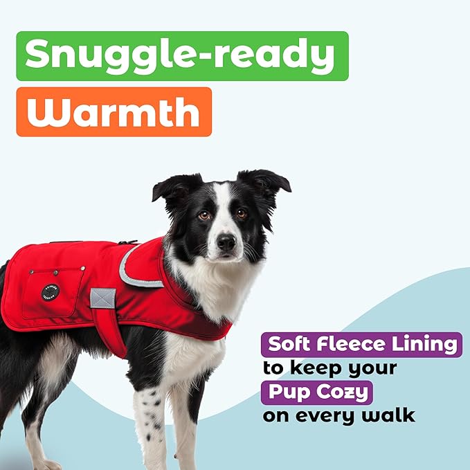 Joyride Harness FrostFlex Dog Winter Jacket - Fleece Lined & Water-Resistant - Snowsuit with Pockets for Treats & Poop Bags - Durable Cold Weather Dog Coat - Red Rush-L