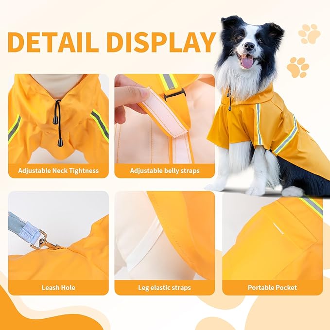 Dog Raincoat, Waterproof Windproof Dog Rain Jacket Adjustable, Rain Coat with Leash Hole, Reflective Strap Raincoat Poncho for Small Medium Large Dogs Outdoor (Reflection-Yellow, Medium)