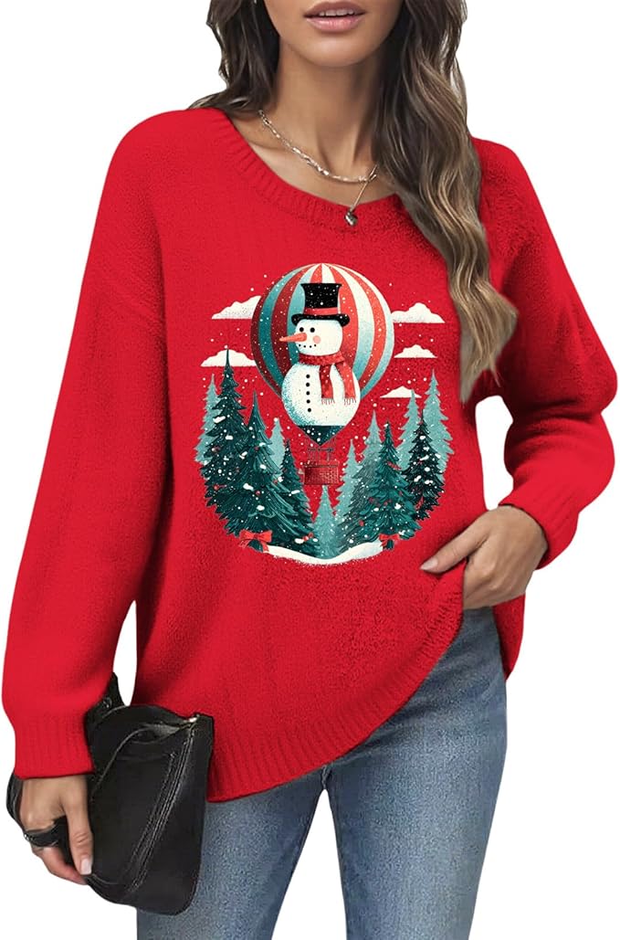 Women's Red Christmas Sweater - Festive Cartoon Patterns, Cozy Knit for Holiday Parties & Gatherings