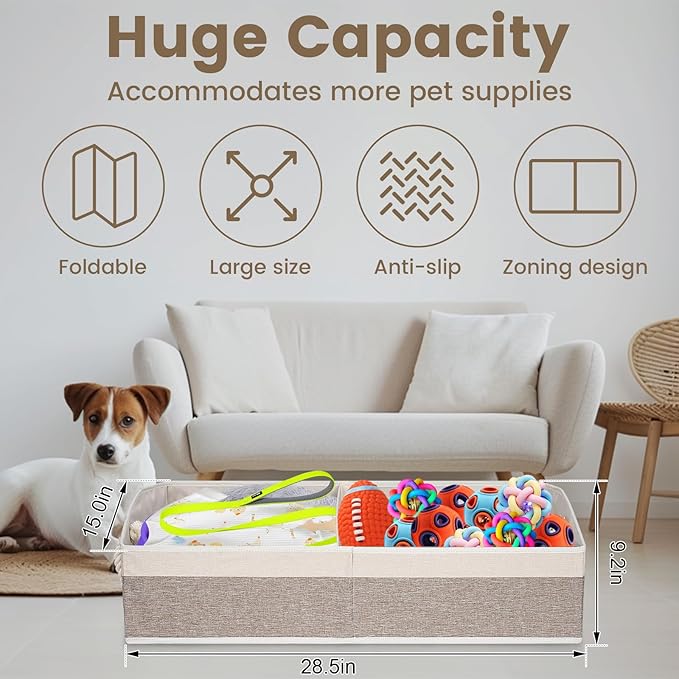 Large Dog Toy Basket With Handle, Foldable Dog Toy Box for Living Room Area, 28.5" Basket for Dog Toys, Clothes, Organizers and Storage with Hard Board, Anti-slip for Pet Toys (Brown, Large)