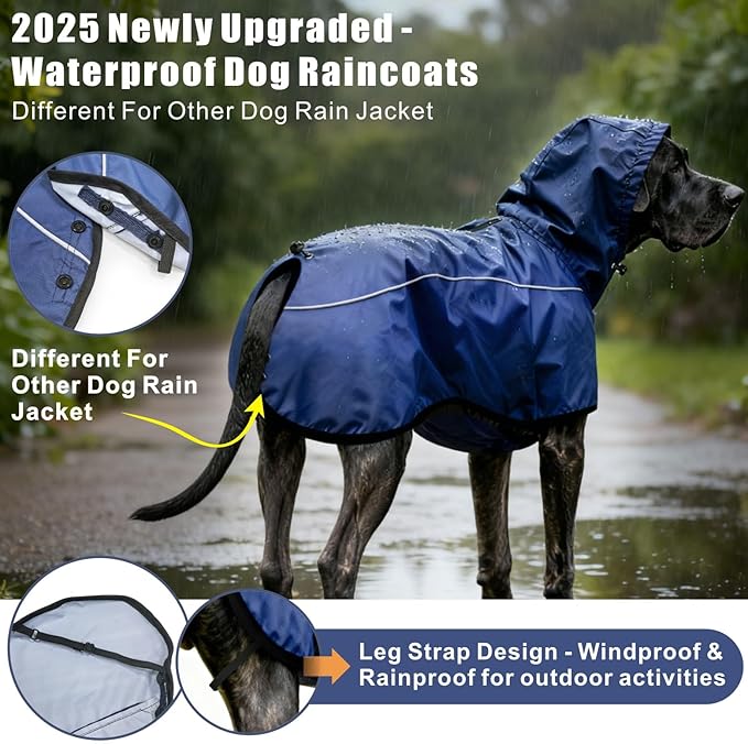 Mosucoirl Dog Raincoat Jacket Reflective Adjustable Hooded Pet Poncho Rain Coats with Leash Hole Waterproof Clothes for Small Medium Large Dogs (NavyBlue, XXL)