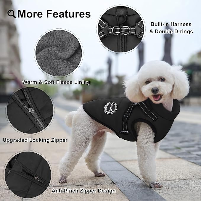 Warm Dog Jacket - Reflective Fleece Vest with Built-in Harness, Waterproof Windproof Snow Jacket for Small Medium Dogs, Black XS
