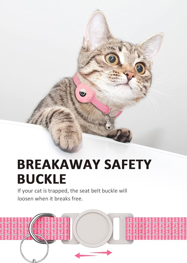 Apple AirTag Cat Collar, GPS Tracker Kitten Collar with Reflective Breakaway Holder and Bell, Lightweight for Cats & Kittens (Pink)