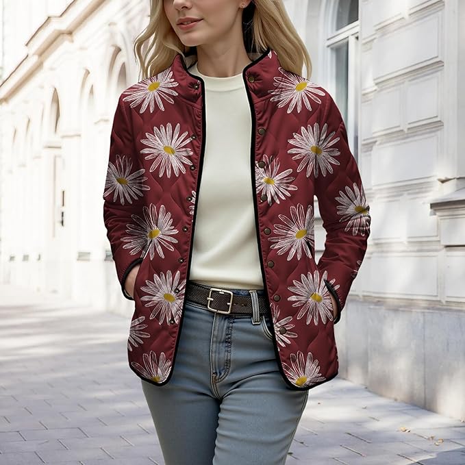 LIZALIG Women's Cropped Puffer Jacket Lightweight Floral Print Long Sleeve Padded Quilted Puffy Cardigan Coat