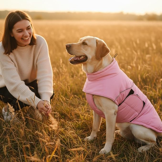 ASENKU Extra Warm Dog Coat with Fleece, Reflective Puffer Jacket, Adjustable with Zippered Leash Hole for Large Dogs, Winter Clothes (Pink, 2XL)