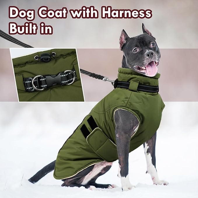 Dog Coat for Large Dogs Waterproof Winter Jacket with Harness Built-in Reflective Adjustable Hook&Loop Snowsuit for Dogs Bulldog Pitbull, XL Green