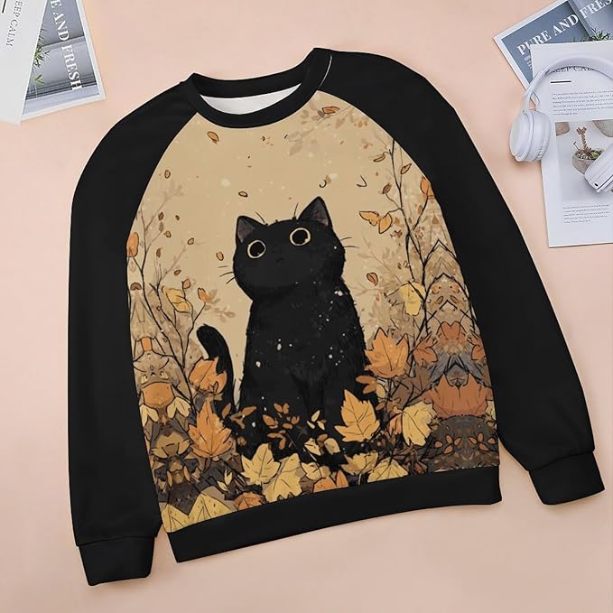 Abstract Cute Cat Shirts for Women Long Sleeve Lady Crewneck Pullover Sweatshirt Fall Winter Oversized Tops