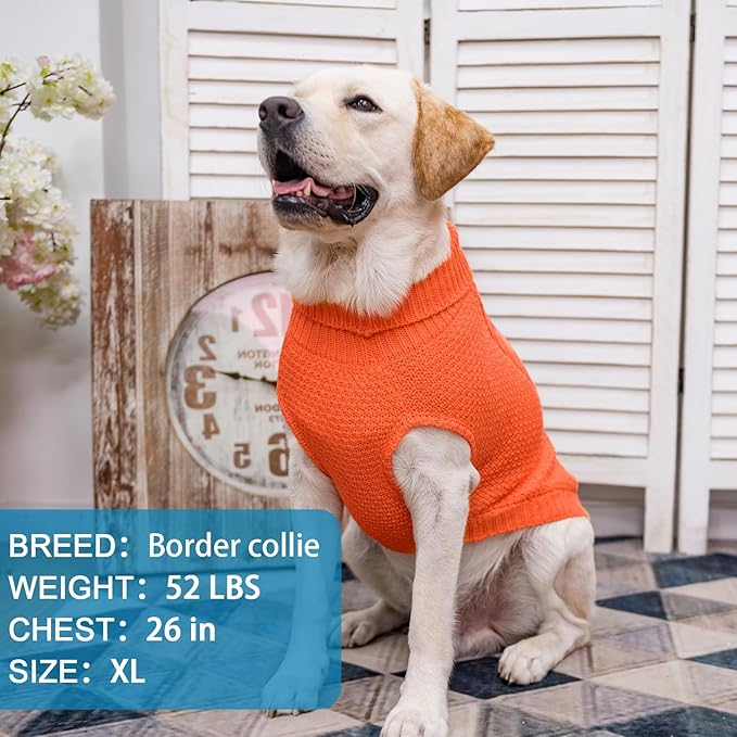 Mihachi Turtleneck Dog Sweater - Winter Coat Apparel Classic Cable Knit Clothes with Leash Hole for Cold Weather, Ideal Gift for Pet in New Year Orange Large
