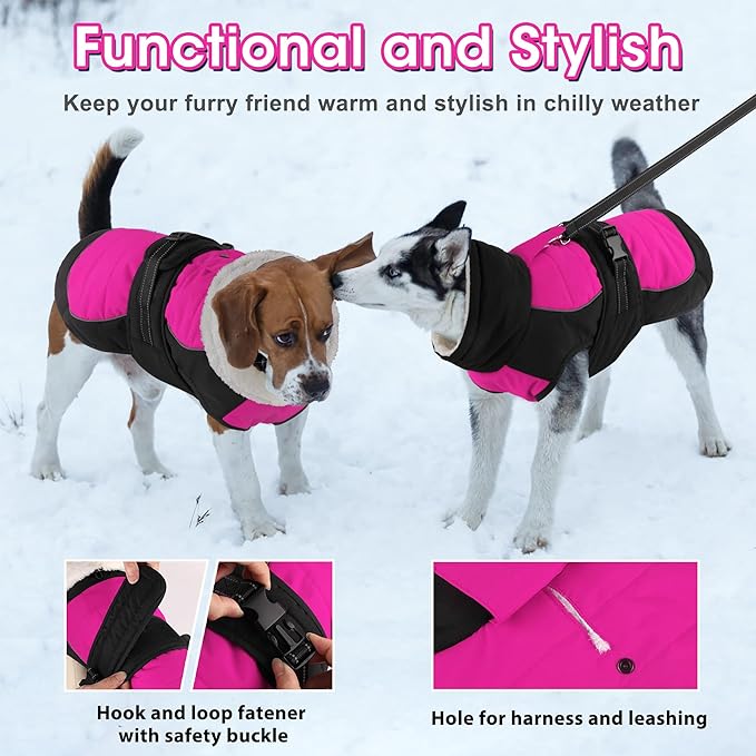 Dogcheer Waterproof Dog Coat, Christmas Dog Winter Jacket, Adjustable Puppy Fleece Coat for Cold Weather, Reflective Turtleneck Snow Jacket for Small Medium Large Dogs - Pink, M