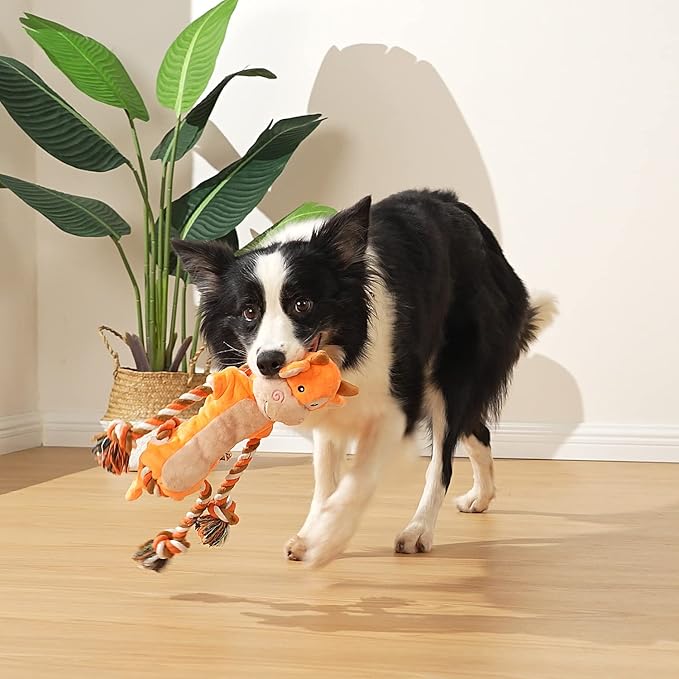 Dog Toys, Tug of War Dog Toys for Large Breed, Cute Squeaky Interactive Dogs Toy with Crinkle Paper, Plush Puppy Chew Toy for Small, Middle, Big Dogs (Cow-SS)