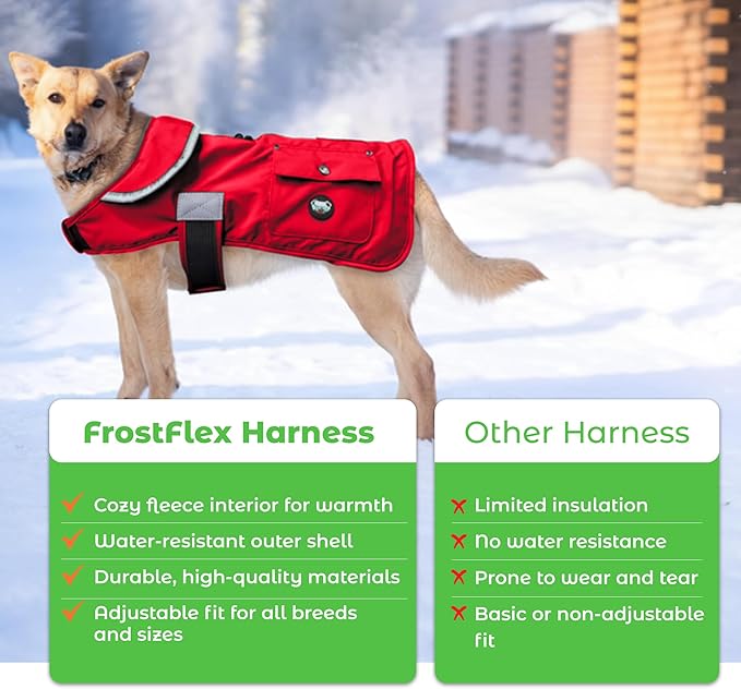 Joyride Harness FrostFlex Dog Winter Jacket - Fleece Lined & Water-Resistant - Snowsuit with Pockets for Treats & Poop Bags - Durable Cold Weather Dog Coat - Red Rush-XL