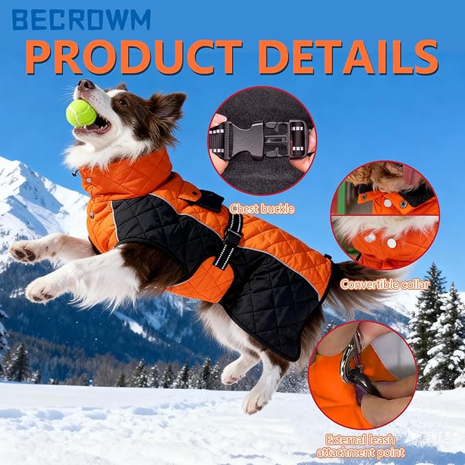 Dog Coat Dogs Winter Coat- Fleece Lined,Water-Resistant,Convertible Collar,Back Reflective Strip&Easy to Wear for Outdoor Walking Dog-Jacket(Orange, Small)