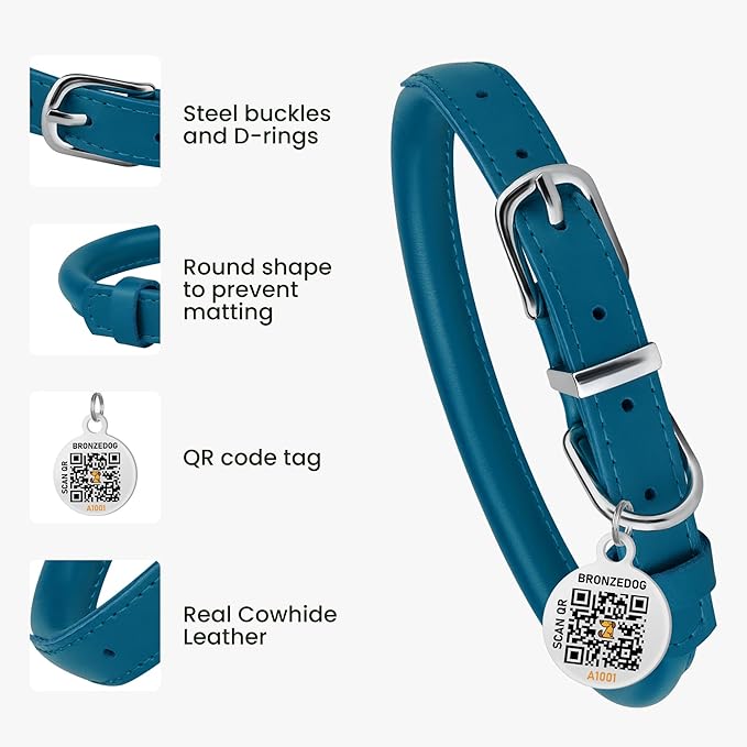 BRONZEDOG Rolled Leather Dog Collar for Small Medium Large Dogs with QR ID Tag (XS: 9-11 Inch, Ocean Blue)