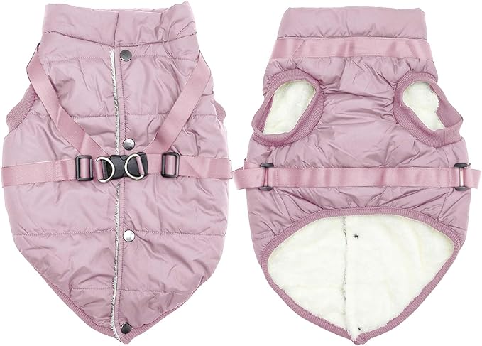 Dog Jacket with Harness,Fleece Lined Warm Puppy Coat for Winter,Soft Windproof Large Dog Vest,Light Pink XXL