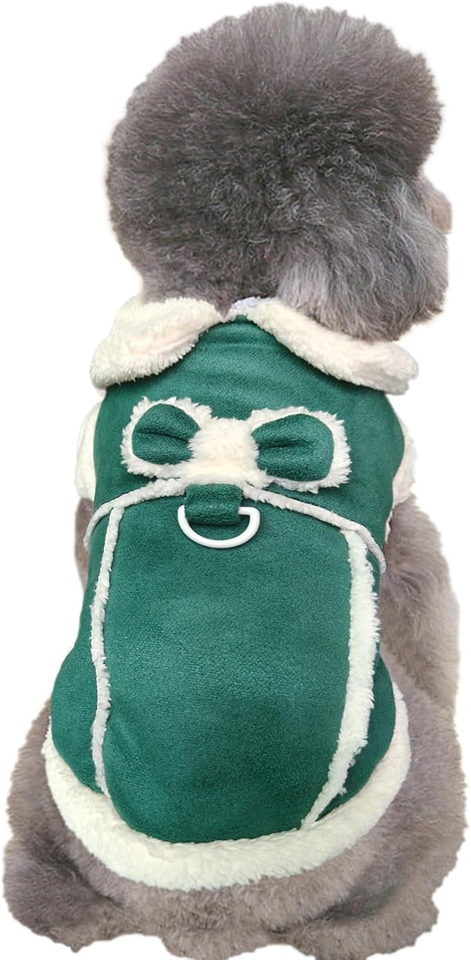 Jecikelon Bowtie Dog Cold Weather Coat Fleece Lining Warm Pet Puppy Turtleneck Dogs Winter Clothes for Small Dogs with D-Ring (Green, Large)
