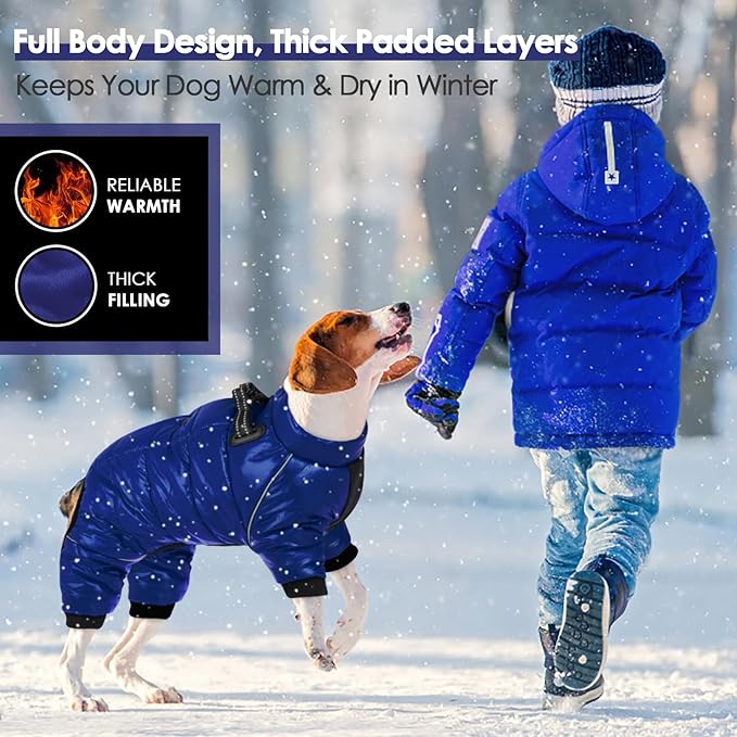 AOFITEE Dog Coat, Waterproof Dog Winter Jacket, Warm Fullbody Dogs Snowsuit, Winter Coat for Small Dogs, Zip Up Pet Puffer Jacket Fleece Vest, Outdoor Reflective Cold Weather Pet Coats, Blue L