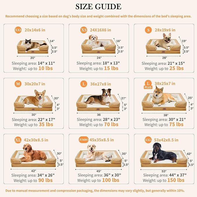 Comfort Expression Orthopedic Dog Bed for Small Dogs 20x14 Inch, Waterproof Supportive Egg Crate Foam Small Pet Bed with Removable Bolsters, Dog Couch with Washable Cover & Non-Slip Bottom, Caramel