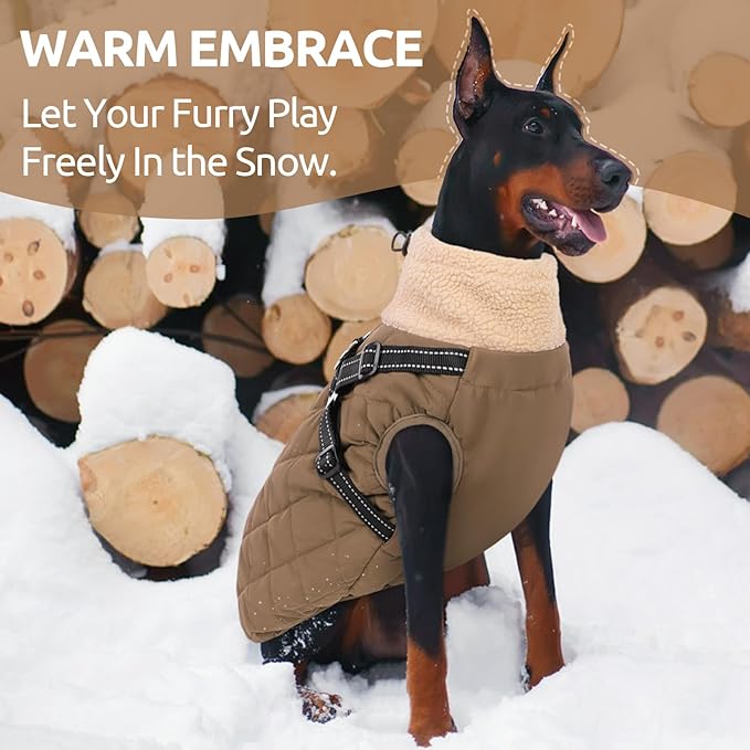 Queenmore Dog Winter Jacket, Dog Coats for Large Dogs, Warm Cozy Pet Jacket Winter with Harness Built in, Waterproof Pet Snow Jacket, Thick Fleece Lining Snowsuit for Large Dogs, Brown L