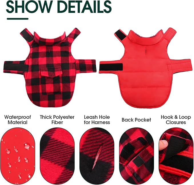 Kuoser Dog Winter Coat, Windproof Dog Fleece Jacket British Style Plaid Cold Weather Doggie Vest Coats, Reversible Cozy Warm Pet Clothes Apparel for Extra Large Size Dogs XXL