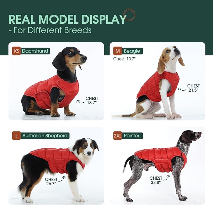 Kuoser Dog Puffer Jacket Warm Dog Coat for Extra Large Dogs, Windproof Reflective Pet Padded Vest Cold Weather Clothes Puppy Snowsuit with Hook & Loop Coats, Easy On/Off, Red 2XL