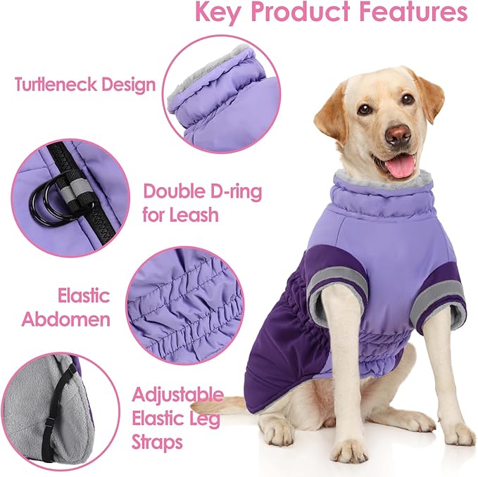 AOFITEE Dog Coat- Two Legged Large Dog Winter Jacket - Zipper Dogs Cold Weather Coat with Harness, Warm Pet Puffer Jackets Reflective Pet Snow Coats for Border Collie, Beagle, Purple XL