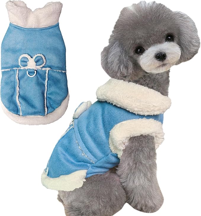 Jecikelon Bowtie Dog Cold Weather Coat Fleece Lining Warm Pet Puppy Turtleneck Dogs Winter Clothes for Small Dogs with D-Ring (Blue, Large)