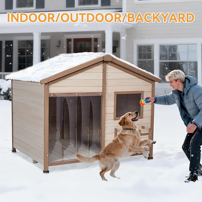 Petsfit All-Season Large Wooden Dog House Outdoor for Extra Large Breeds up to 200lbs, Insulated Weatherproof Shelter with PVC Roof & Elevated Floor, Easy Assembly, 47-Inch, Off-White