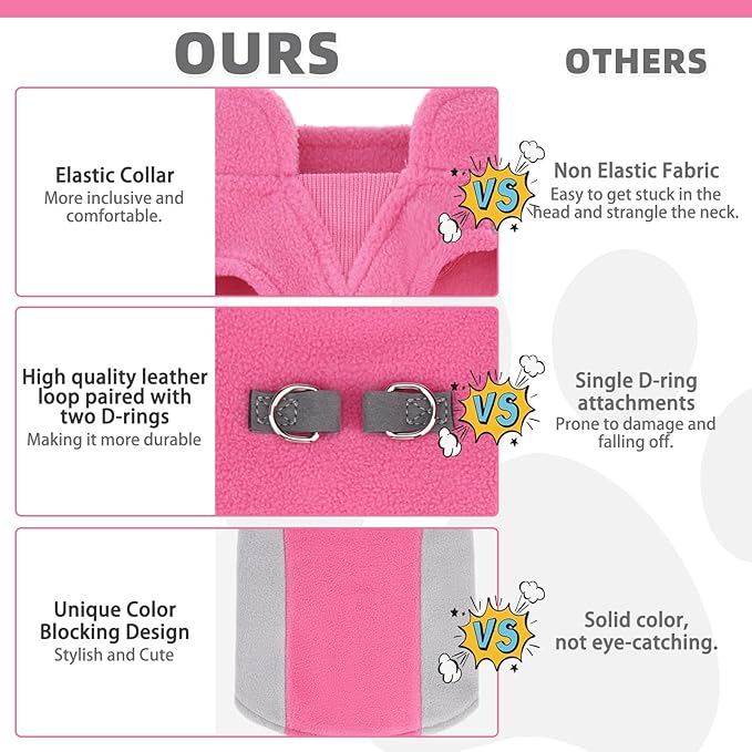 KOOLTAIL Small Dog Sweater - Dog Fleece Vest Jacket with Leash D-Ring for Small Medium Dogs, Soft Pullover Winter Warm Cold Weather Coats, Pet Fall Clothes Outfit for Puppy Cat Boys & Girls, Pink XS