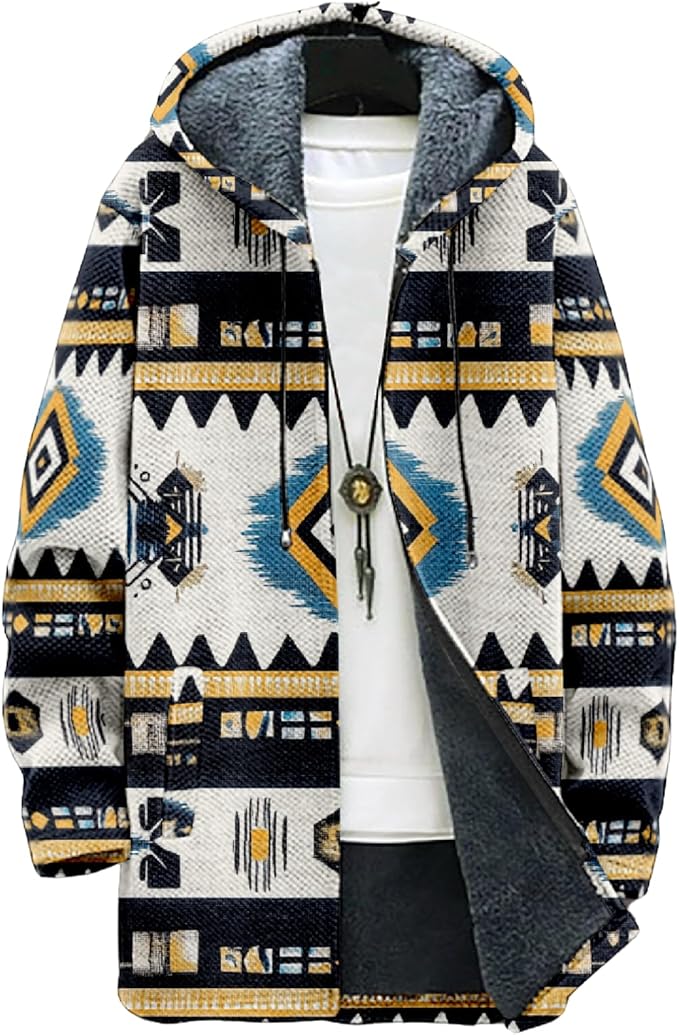 Mens Aztec Print Hoodie Heavyweight Cotton Fleece Jacket Zip Up Warm Long Sleeve Hooded Winter Midi Coat