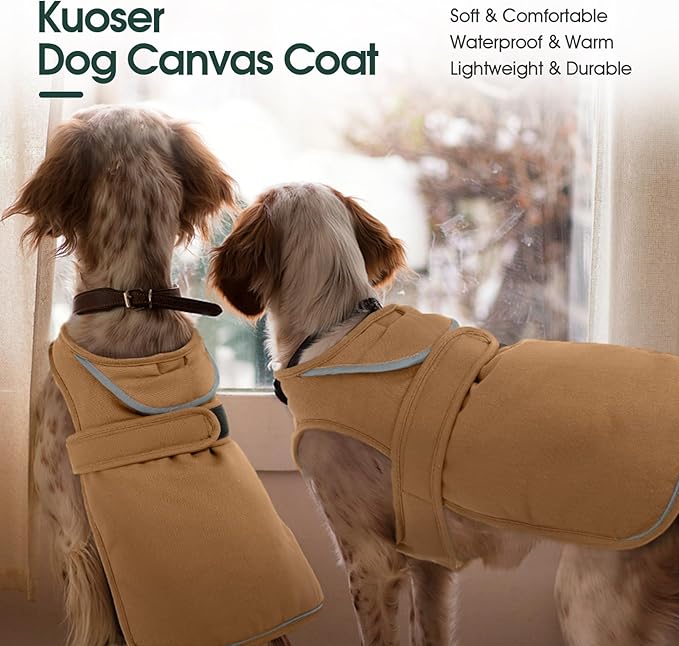 Kuoser Canvas Dog Coat, Warm Dog Jacket Reflective Fleece Pet Cold Weather Coat, Warm Doggie Clothes Waterproof Winter Vest with Zipper Leash Hole for Small Medium Large Dogs, Brown M